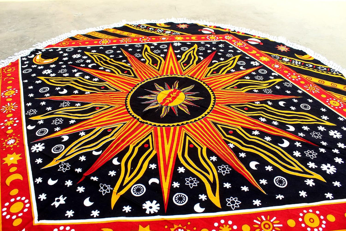Mandala Round Beach Tapestry Boho Hippie Blanket Bohemian Large Table Cloth Home Decor Yoga Mat Meditation Picnic Rug Throw Hippy Gypsy Tablecloth Roundie (42 Inches, Orange And Blue)