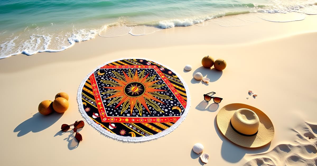 Mandala Round Beach Tapestry Boho Hippie Blanket Bohemian Large Table Cloth Home Decor Yoga Mat Meditation Picnic Rug Throw Hippy Gypsy Tablecloth Roundie (42 Inches, Orange And Blue)