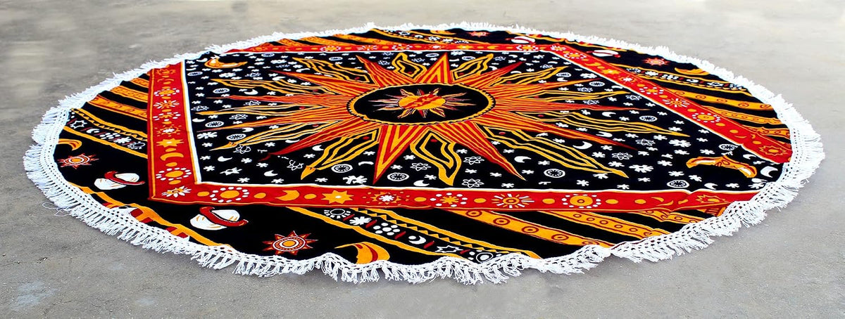 Mandala Round Beach Tapestry Boho Hippie Blanket Bohemian Large Table Cloth Home Decor Yoga Mat Meditation Picnic Rug Throw Hippy Gypsy Tablecloth Roundie (42 Inches, Orange And Blue)