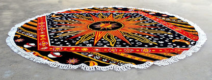 Mandala Round Beach Tapestry Boho Hippie Blanket Bohemian Large Table Cloth Home Decor Yoga Mat Meditation Picnic Rug Throw Hippy Gypsy Tablecloth Roundie (42 Inches, Orange And Blue)