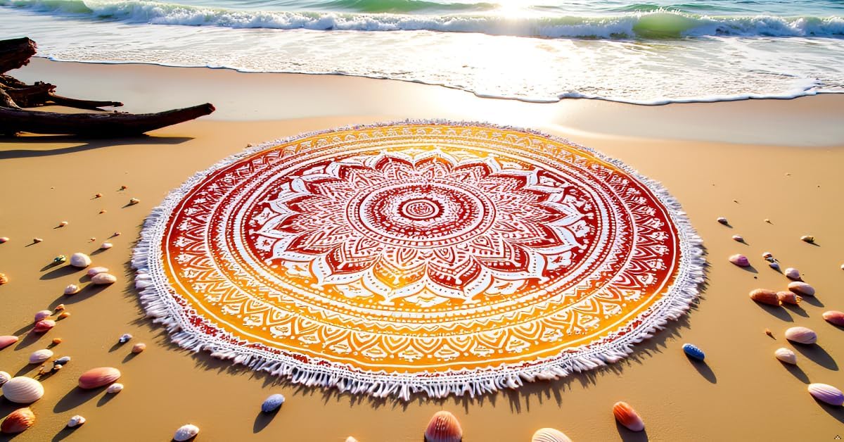 Mandala Round Beach Tapestry Boho Hippie Blanket Bohemian Large Table Cloth Home Decor Yoga Mat Meditation Picnic Rug Throw Hippy Gypsy Tablecloth Roundie (42 Inches, Orange And Blue)