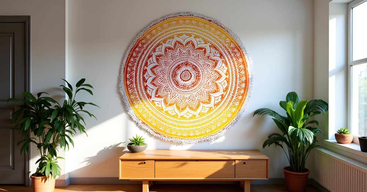 Mandala Round Beach Tapestry Boho Hippie Blanket Bohemian Large Table Cloth Home Decor Yoga Mat Meditation Picnic Rug Throw Hippy Gypsy Tablecloth Roundie (42 Inches, Orange And Blue)