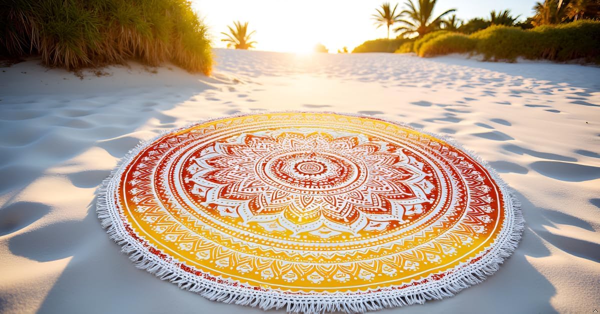 Mandala Round Beach Tapestry Boho Hippie Blanket Bohemian Large Table Cloth Home Decor Yoga Mat Meditation Picnic Rug Throw Hippy Gypsy Tablecloth Roundie (42 Inches, Orange And Blue)