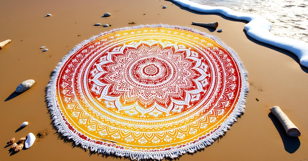 Mandala Round Beach Tapestry Boho Hippie Blanket Bohemian Large Table Cloth Home Decor Yoga Mat Meditation Picnic Rug Throw Hippy Gypsy Tablecloth Roundie (42 Inches, Orange And Blue)