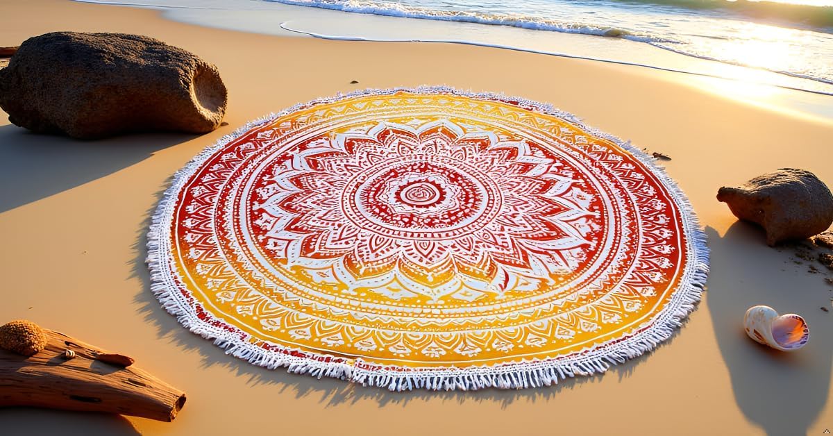 Mandala Round Beach Tapestry Boho Hippie Blanket Bohemian Large Table Cloth Home Decor Yoga Mat Meditation Picnic Rug Throw Hippy Gypsy Tablecloth Roundie (42 Inches, Orange And Blue)