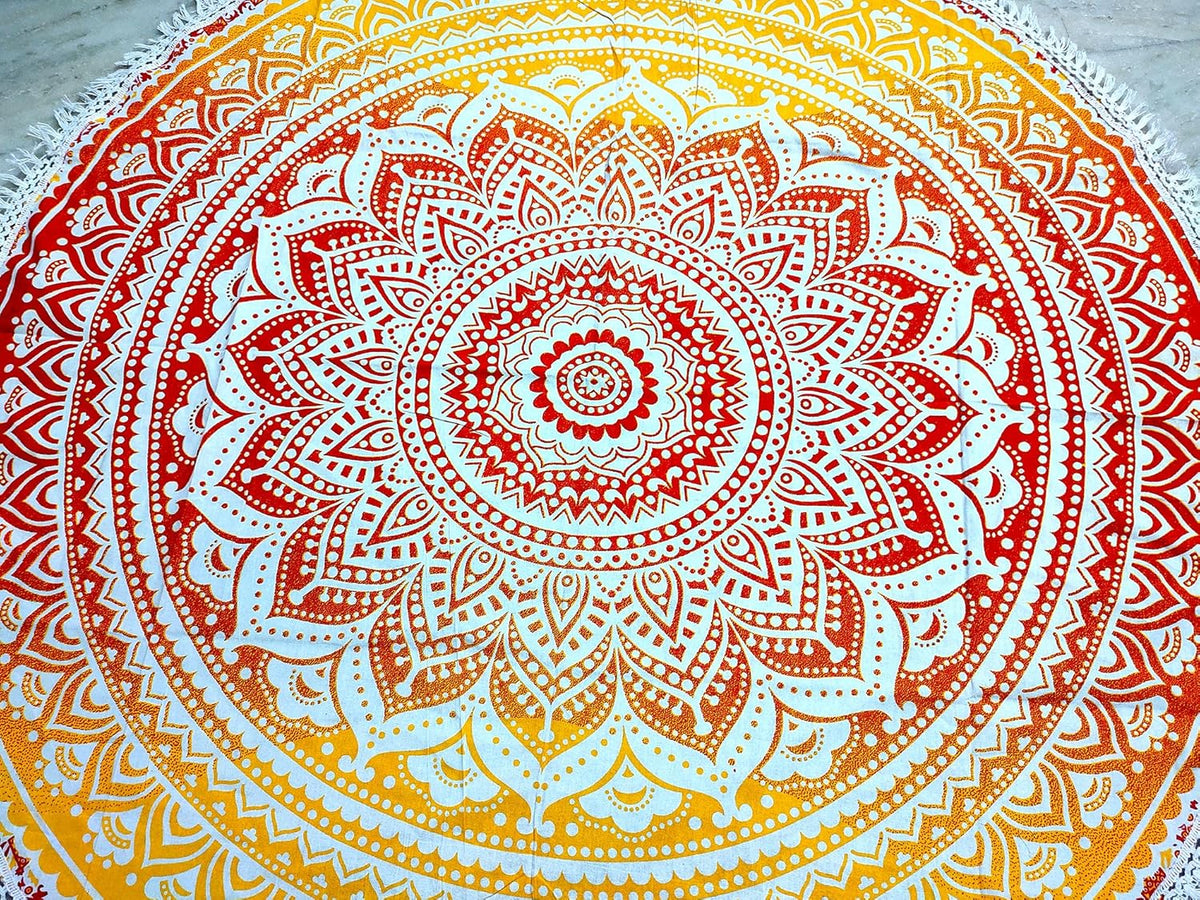 Mandala Round Beach Tapestry Boho Hippie Blanket Bohemian Large Table Cloth Home Decor Yoga Mat Meditation Picnic Rug Throw Hippy Gypsy Tablecloth Roundie (42 Inches, Orange And Blue)