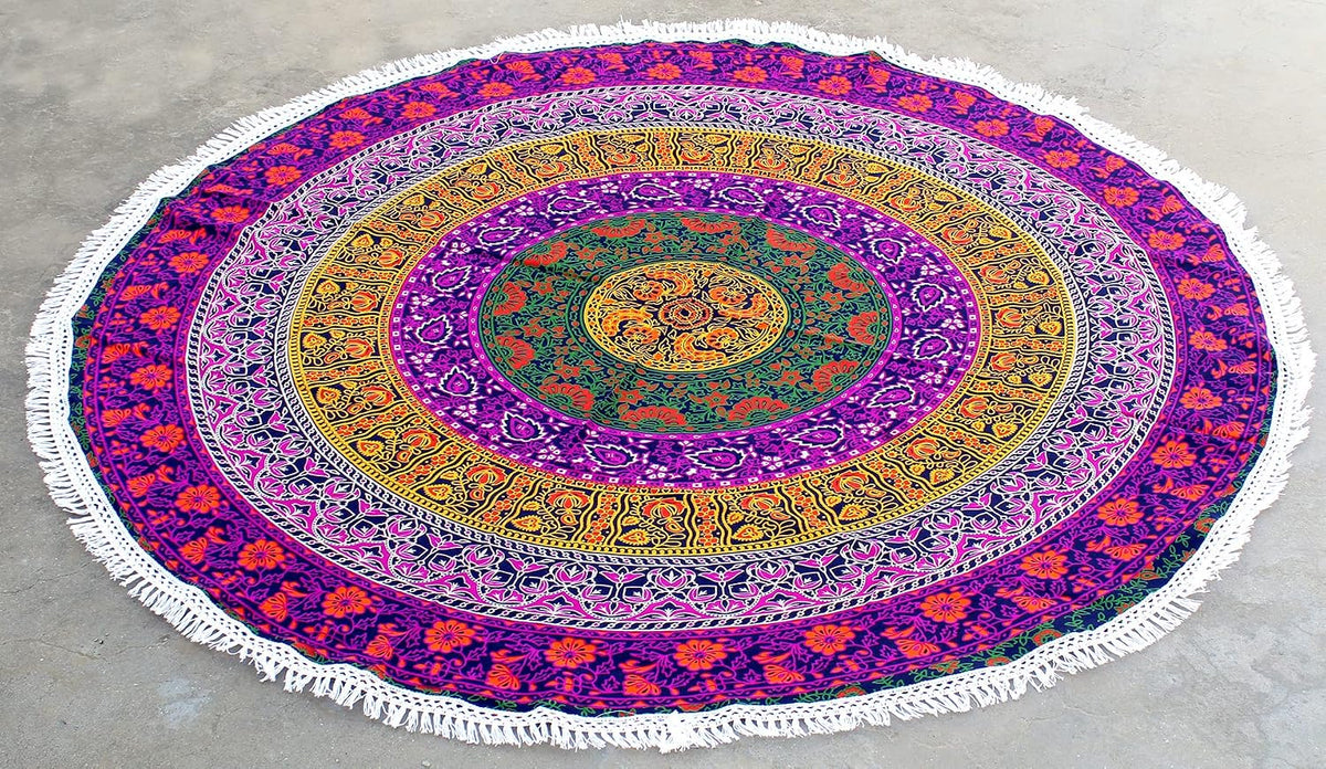 Mandala Round Beach Tapestry Boho Hippie Blanket Bohemian Large Table Cloth Home Decor Yoga Mat Meditation Picnic Rug Throw Hippy Gypsy Tablecloth Roundie (42 Inches, Orange And Blue)