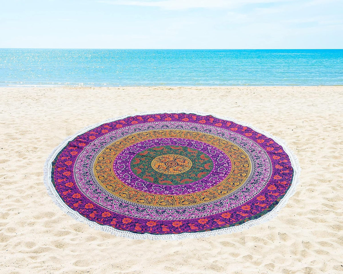 Mandala Round Beach Tapestry Boho Hippie Blanket Bohemian Large Table Cloth Home Decor Yoga Mat Meditation Picnic Rug Throw Hippy Gypsy Tablecloth Roundie (42 Inches, Orange And Blue)