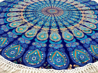 Mandala Round Beach Tapestry Boho Hippie Blanket Bohemian Large Table Cloth Home Decor Yoga Mat Meditation Picnic Rug Throw Hippy Gypsy Tablecloth Roundie (42 Inches, Orange And Blue)