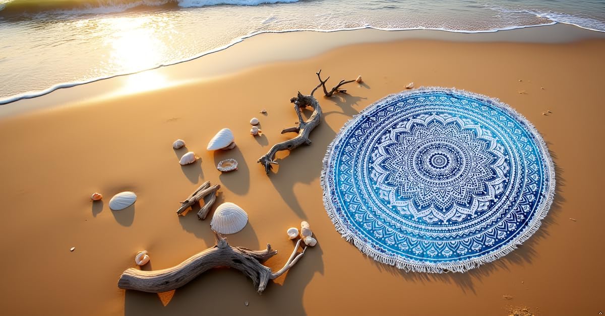 Mandala Round Beach Tapestry Boho Hippie Blanket Bohemian Large Table Cloth Home Decor Yoga Mat Meditation Picnic Rug Throw Hippy Gypsy Tablecloth Roundie (42 Inches, Orange And Blue)