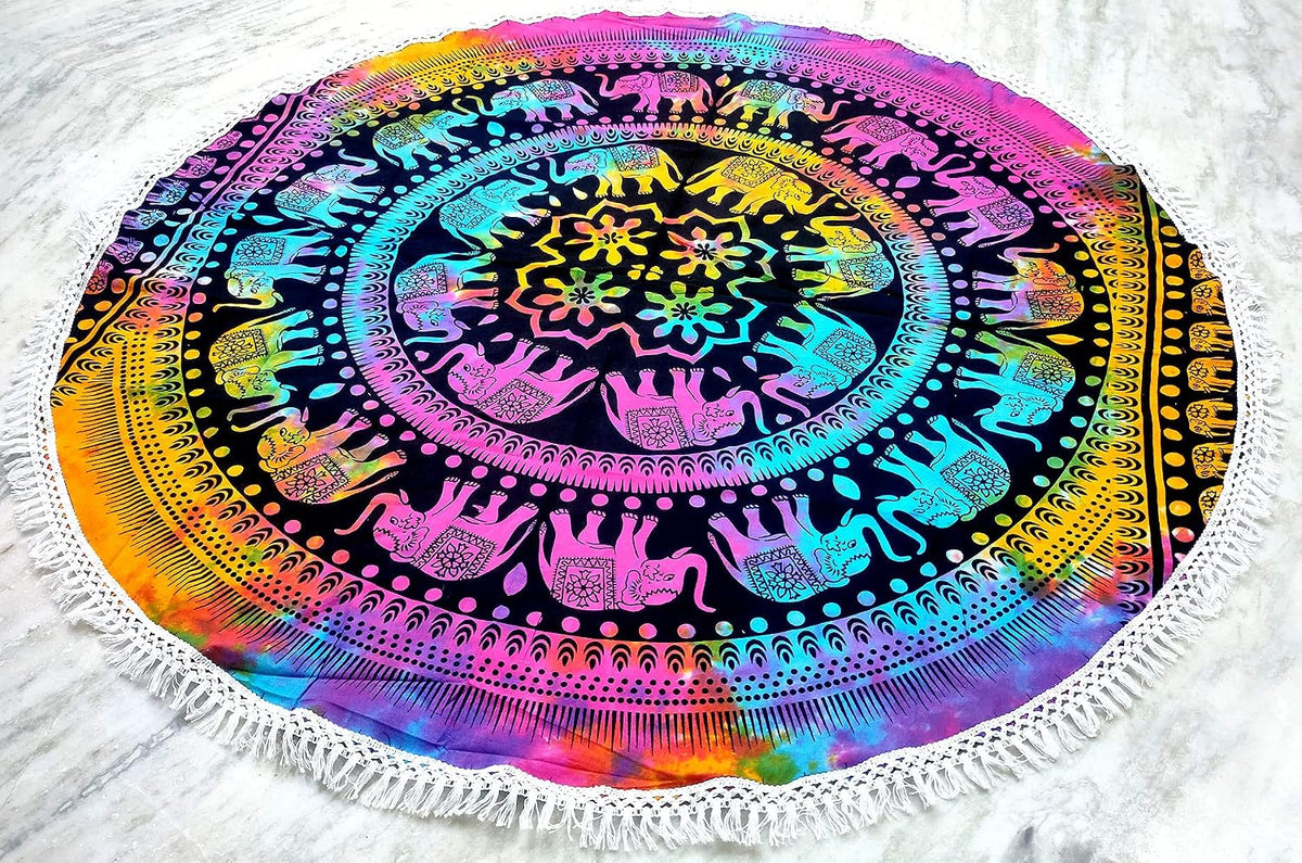 Mandala Round Beach Tapestry Boho Hippie Blanket Bohemian Large Table Cloth Home Decor Yoga Mat Meditation Picnic Rug Throw Hippy Gypsy Tablecloth Roundie (42 Inches, Orange And Blue)