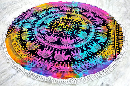 Mandala Round Beach Tapestry Boho Hippie Blanket Bohemian Large Table Cloth Home Decor Yoga Mat Meditation Picnic Rug Throw Hippy Gypsy Tablecloth Roundie (42 Inches, Orange And Blue)