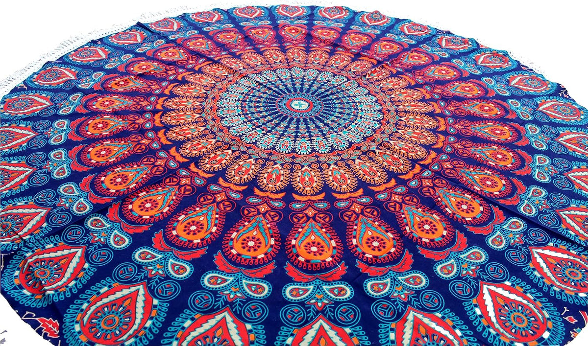 Mandala Round Beach Tapestry Boho Hippie Blanket Bohemian Large Table Cloth Home Decor Yoga Mat Meditation Picnic Rug Throw Hippy Gypsy Tablecloth Roundie (42 Inches, Orange And Blue)