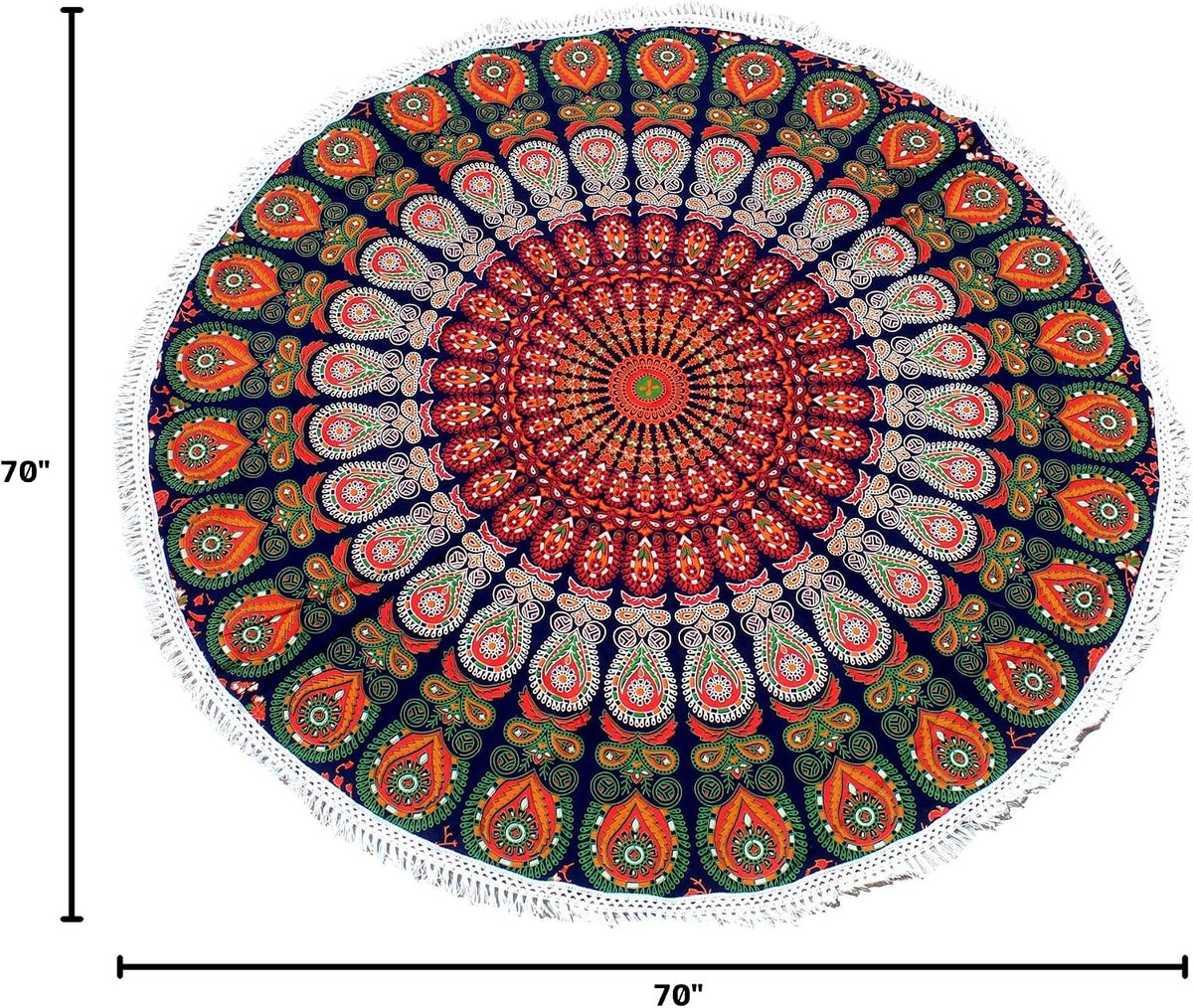 Mandala Round Beach Tapestry Boho Hippie Blanket Bohemian Large Table Cloth Home Decor Yoga Mat Meditation Picnic Rug Throw Hippy Gypsy Tablecloth Roundie (42 Inches, Orange And Blue)