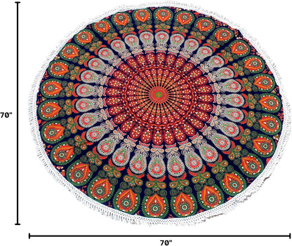 Mandala Round Beach Tapestry Boho Hippie Blanket Bohemian Large Table Cloth Home Decor Yoga Mat Meditation Picnic Rug Throw Hippy Gypsy Tablecloth Roundie (42 Inches, Orange And Blue)