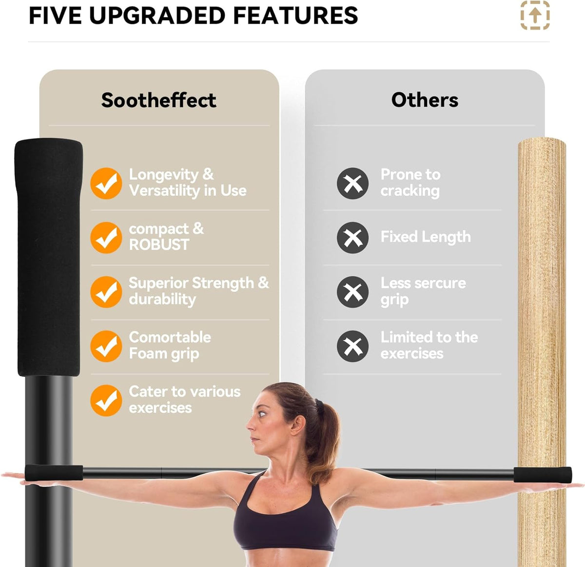 Yoga Stick 5ft Adjustable Stretching Stick, Versatile Exercise Stick Non-Slip Ends and Sponge Handles for Fitness, Flexibility and Balance, Posture Correction - Black