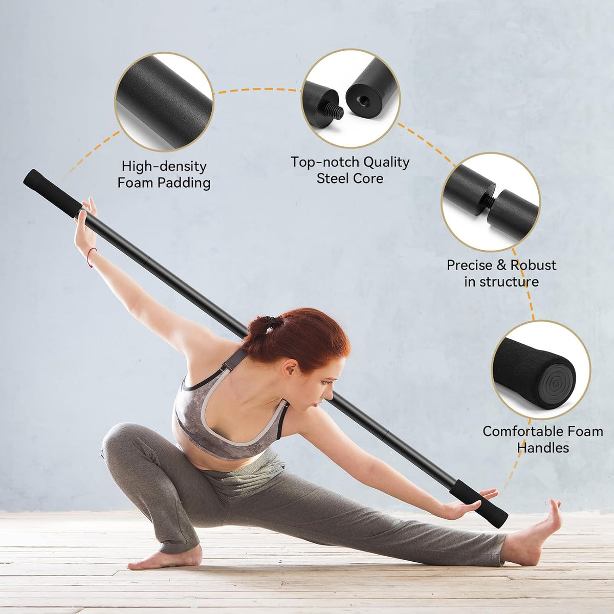 Yoga Stick 5ft Adjustable Stretching Stick, Versatile Exercise Stick Non-Slip Ends and Sponge Handles for Fitness, Flexibility and Balance, Posture Correction - Black