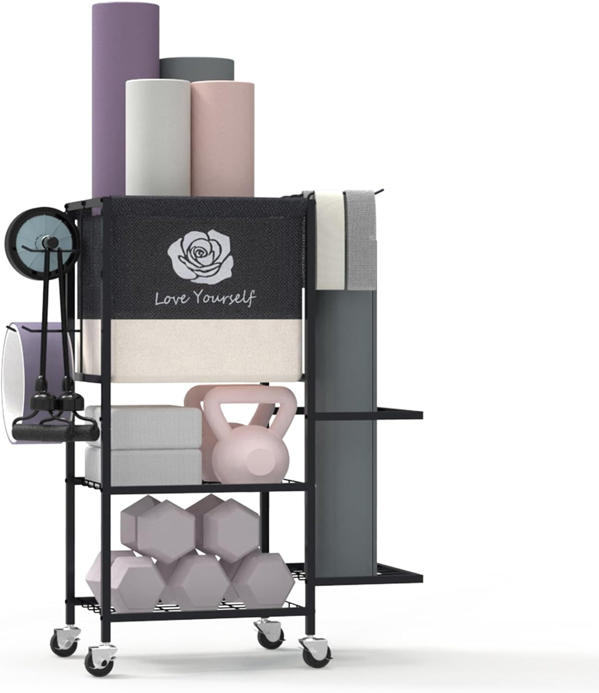Multi-Functional Home Gym Storage Rack,Yoga Mat Storage on Wheels