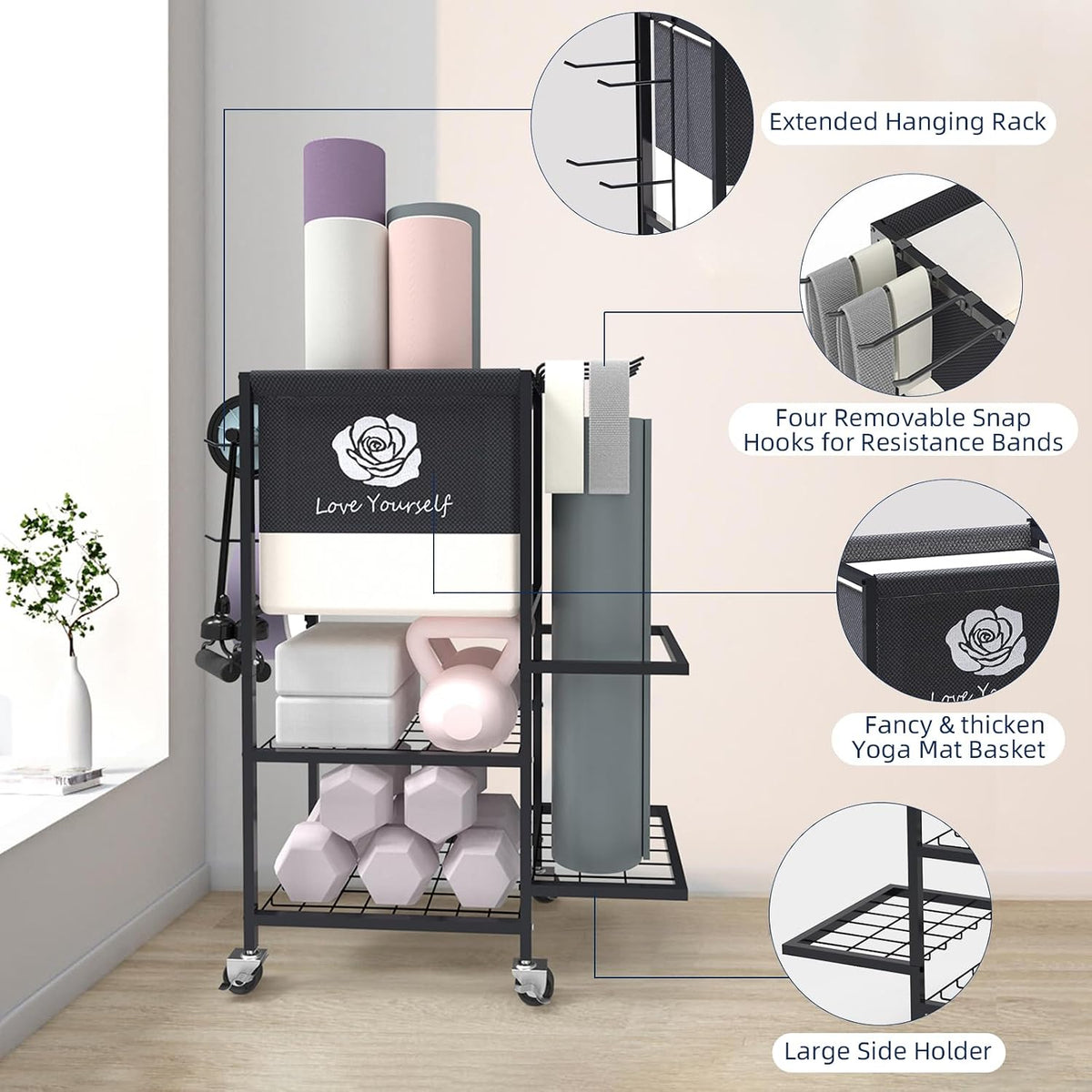 Multi-Functional Home Gym Storage Rack,Yoga Mat Storage on Wheels