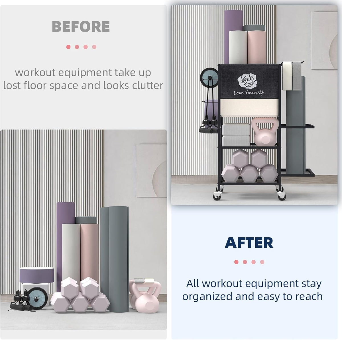 Multi-Functional Home Gym Storage Rack,Yoga Mat Storage on Wheels