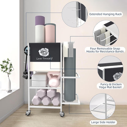 Multi-Functional Home Gym Storage Rack,Yoga Mat Storage on Wheels