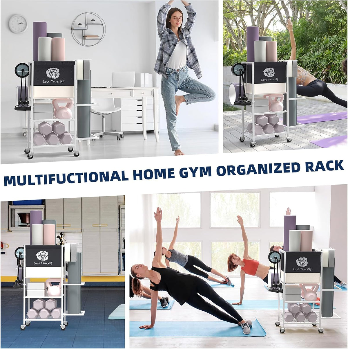 Multi-Functional Home Gym Storage Rack,Yoga Mat Storage on Wheels