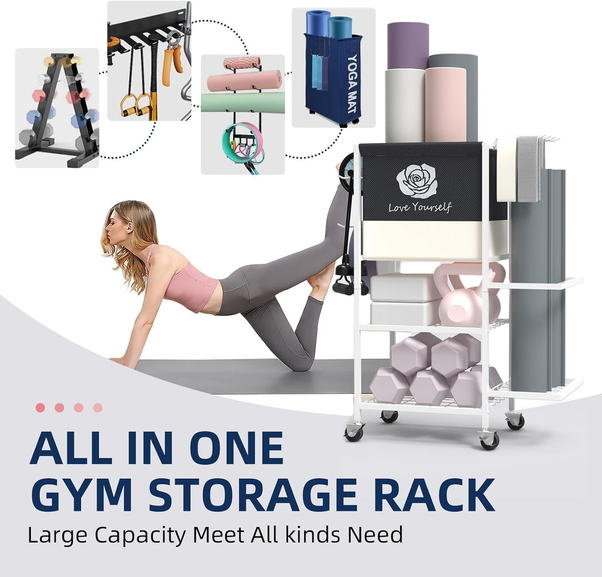 Multi-Functional Home Gym Storage Rack,Yoga Mat Storage on Wheels