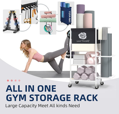 Multi-Functional Home Gym Storage Rack,Yoga Mat Storage on Wheels