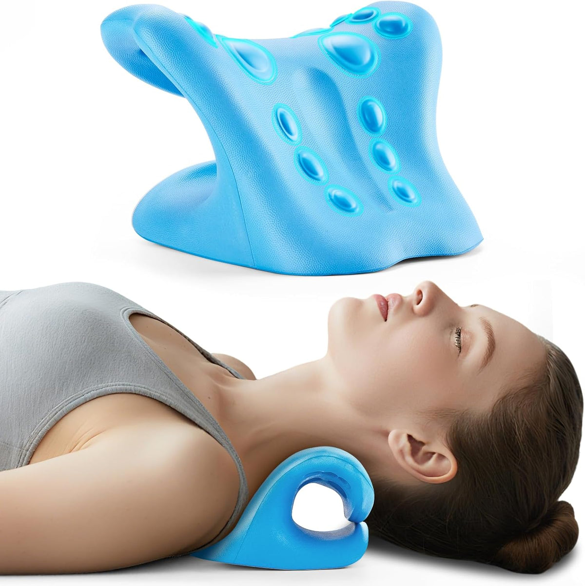 Neck Stretcher & Cervical Traction Pillow, TMJ & Shoulder Relief, Blue | 13 points, ergonomic, restores C-curve. Eases pain in 10 mins. Durable foam, lightweight & portable for home & office.