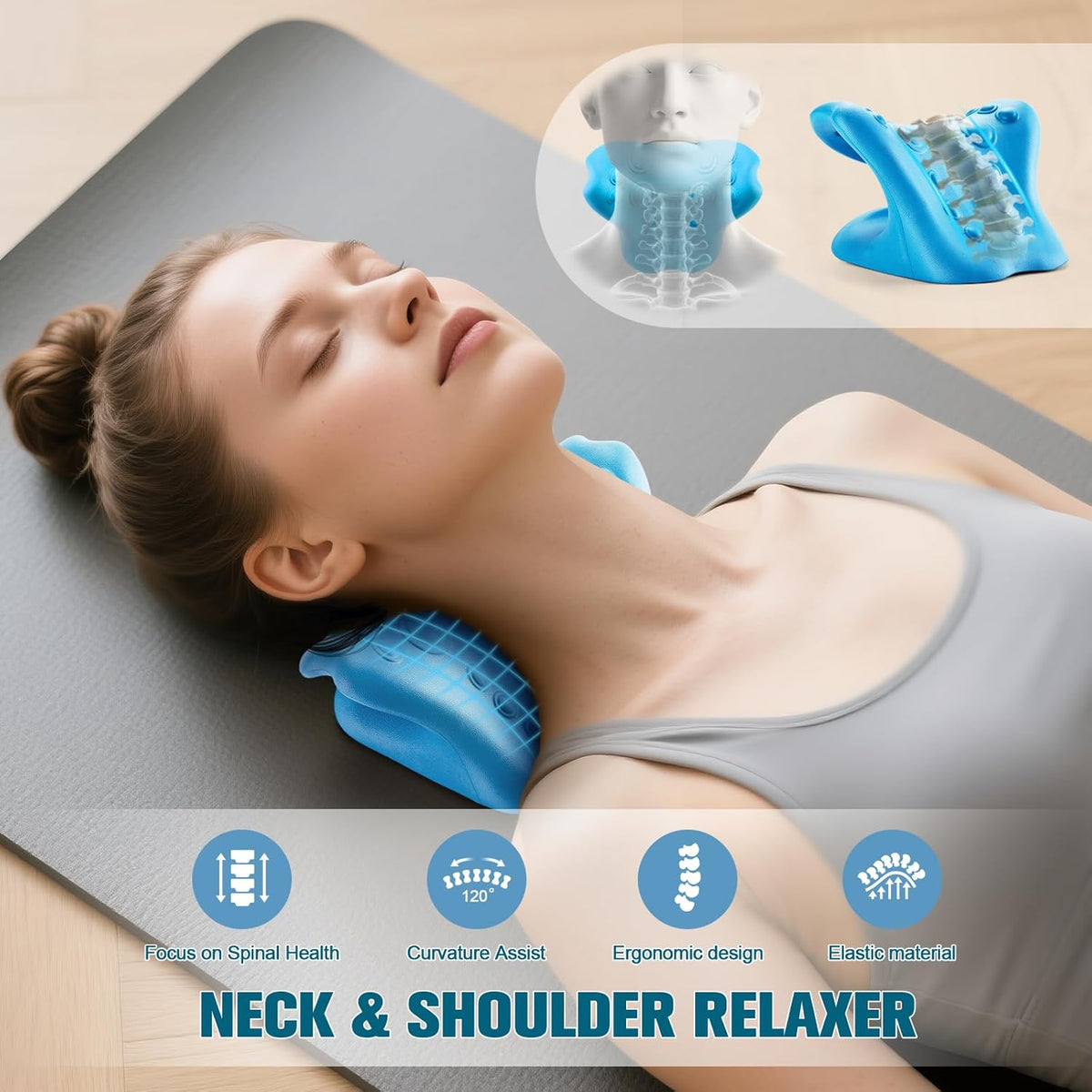 Neck Stretcher & Cervical Traction Pillow, TMJ & Shoulder Relief, Blue | 13 points, ergonomic, restores C-curve. Eases pain in 10 mins. Durable foam, lightweight & portable for home & office.