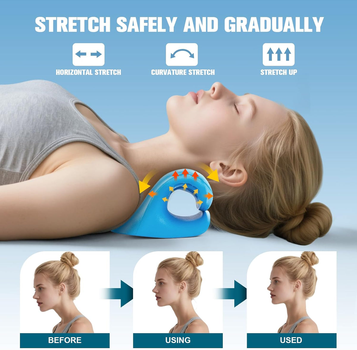 Neck Stretcher & Cervical Traction Pillow, TMJ & Shoulder Relief, Blue | 13 points, ergonomic, restores C-curve. Eases pain in 10 mins. Durable foam, lightweight & portable for home & office.