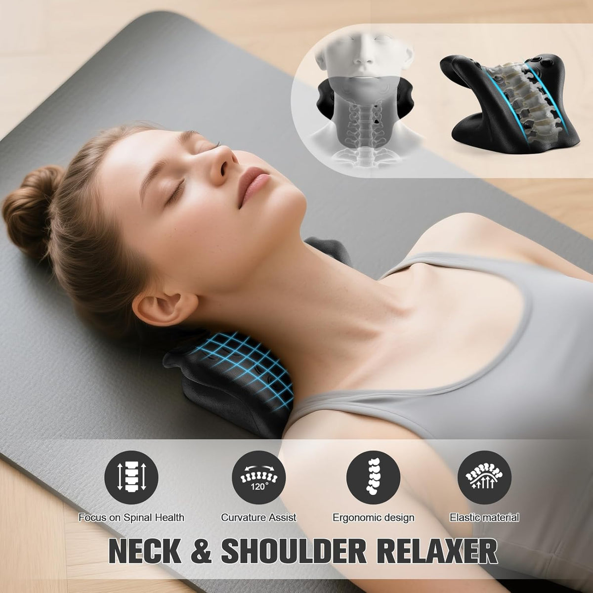 Neck Stretcher & Cervical Traction Pillow, TMJ & Shoulder Relief, Blue | 13 points, ergonomic, restores C-curve. Eases pain in 10 mins. Durable foam, lightweight & portable for home & office.