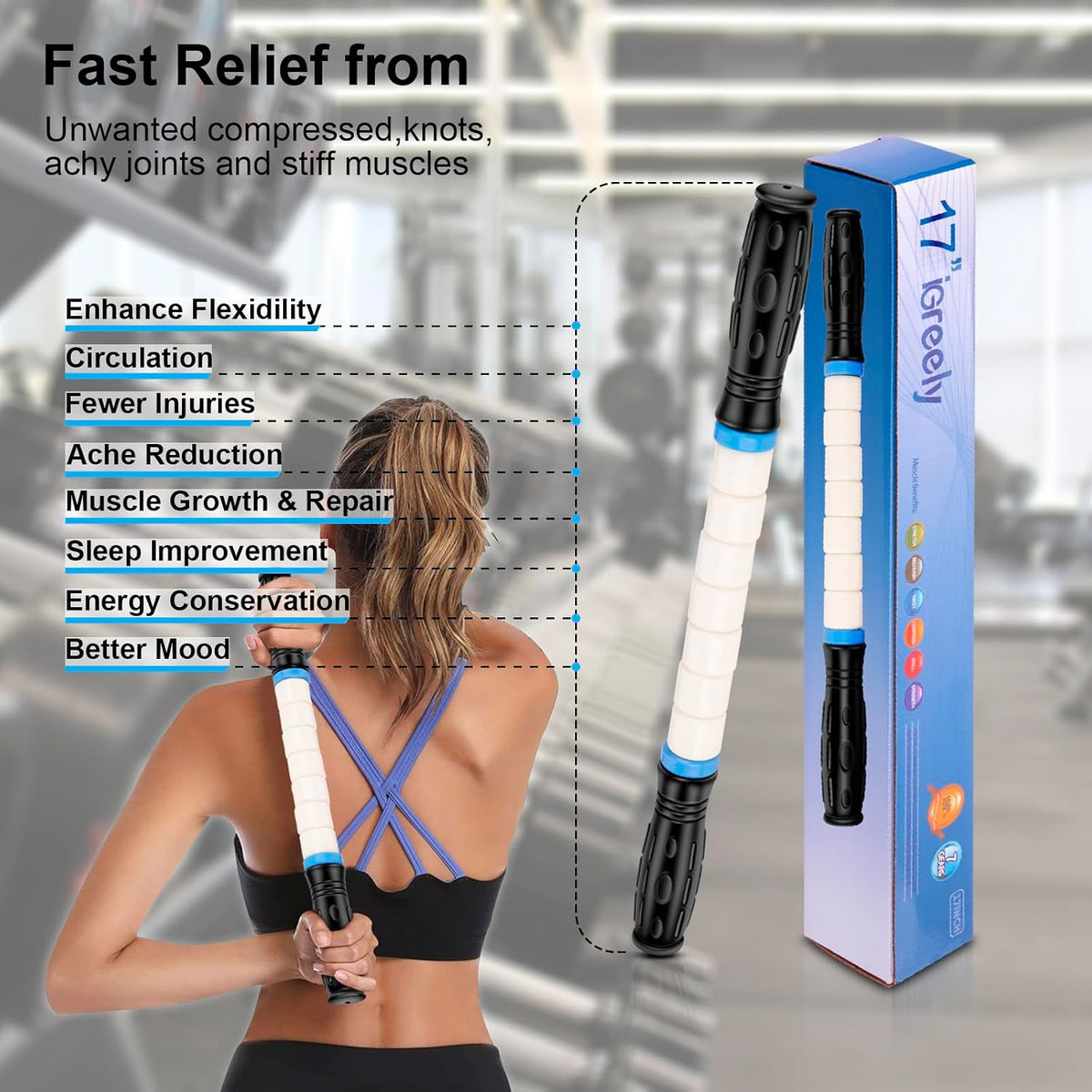 Premium Muscle Roller the Ultimate Massage Roller Stick 17 Inches Recommended By Physical Therapists Promotes Recovery Fast Relief for Cramps Soreness Tight Muscles-White