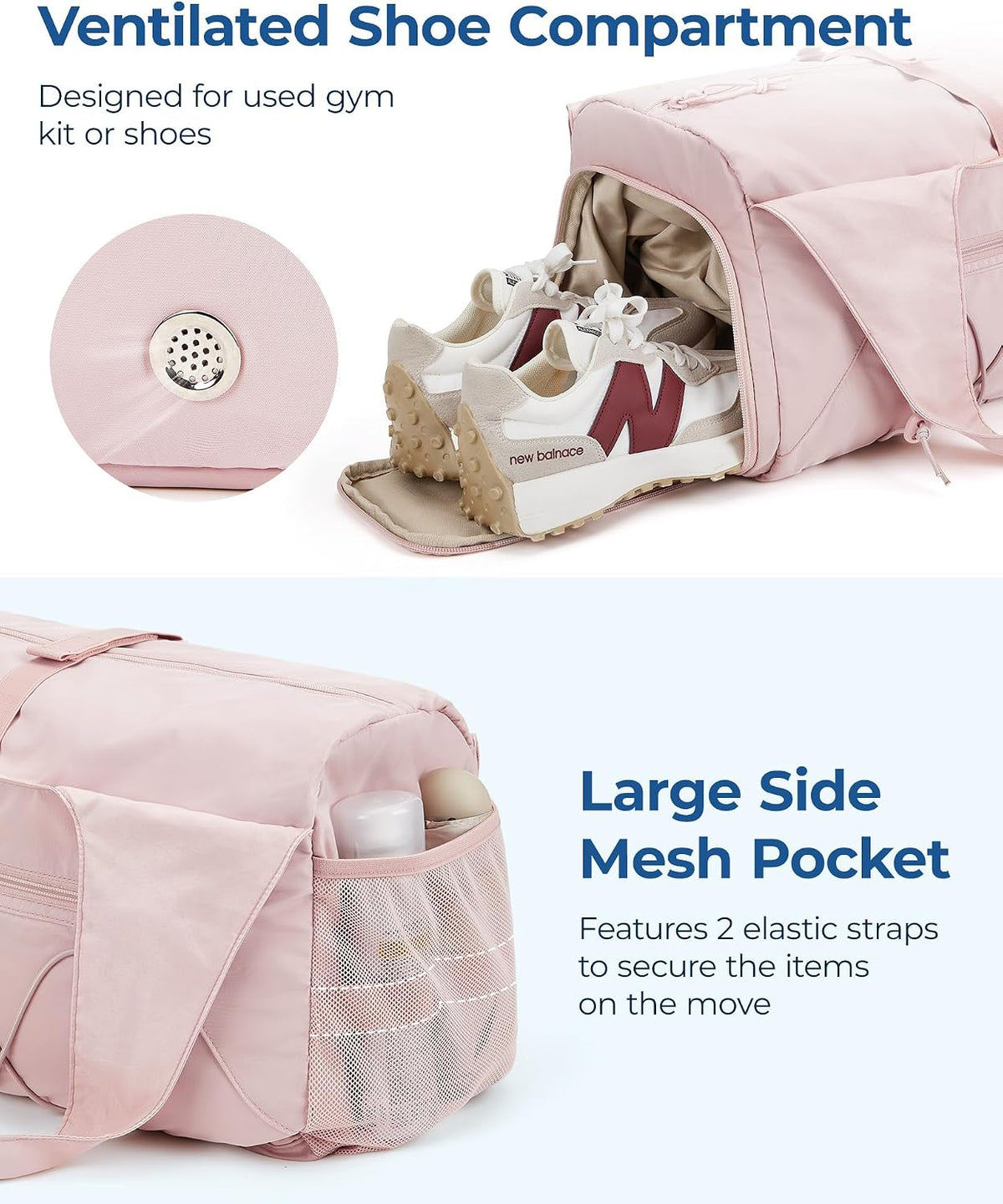 Gym Bag for Women, Lightweight Duffel with Shoe Compartment, Tote Bag with Wet Pocket for Yoga Travel, Pink
