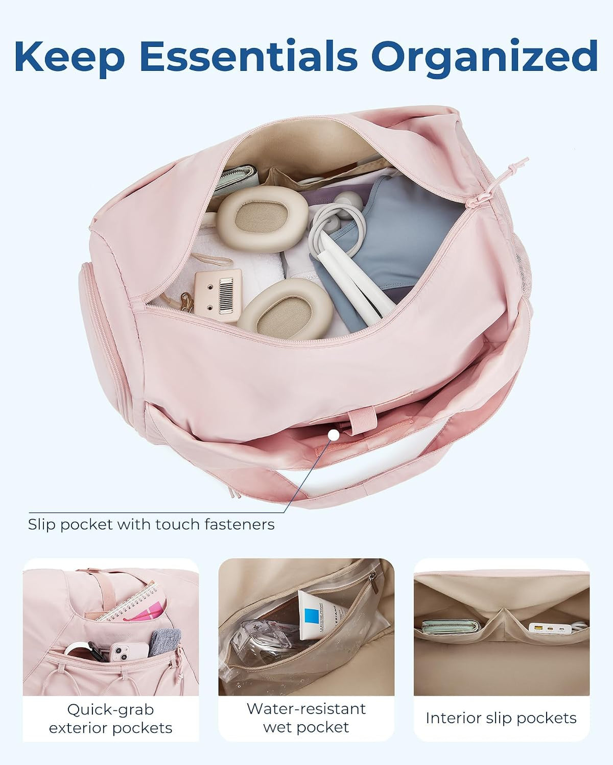 Gym Bag for Women, Lightweight Duffel with Shoe Compartment, Tote Bag with Wet Pocket for Yoga Travel, Pink