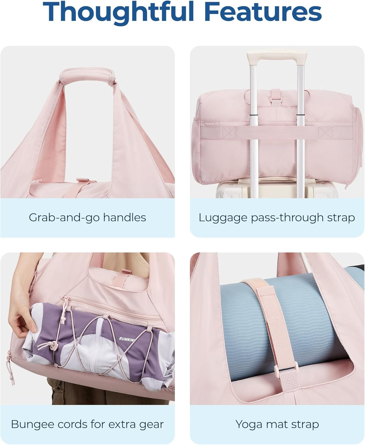 Gym Bag for Women, Lightweight Duffel with Shoe Compartment, Tote Bag with Wet Pocket for Yoga Travel, Pink