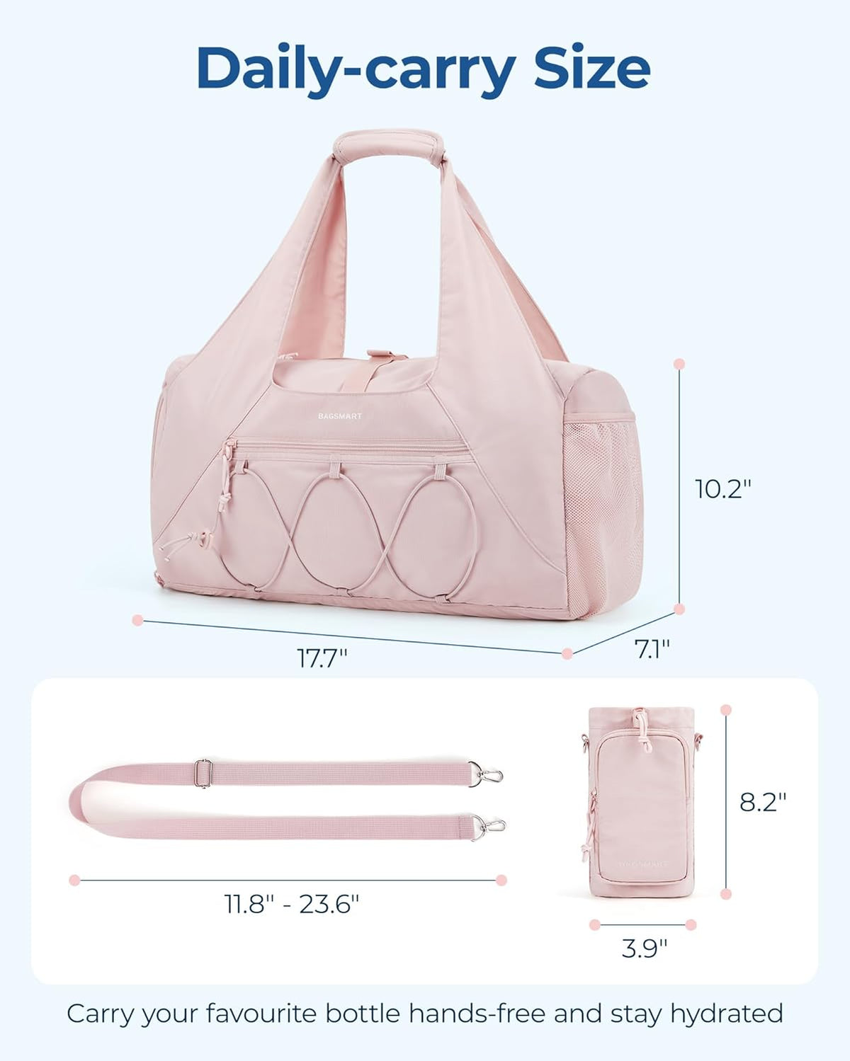 Gym Bag for Women, Lightweight Duffel with Shoe Compartment, Tote Bag with Wet Pocket for Yoga Travel, Pink
