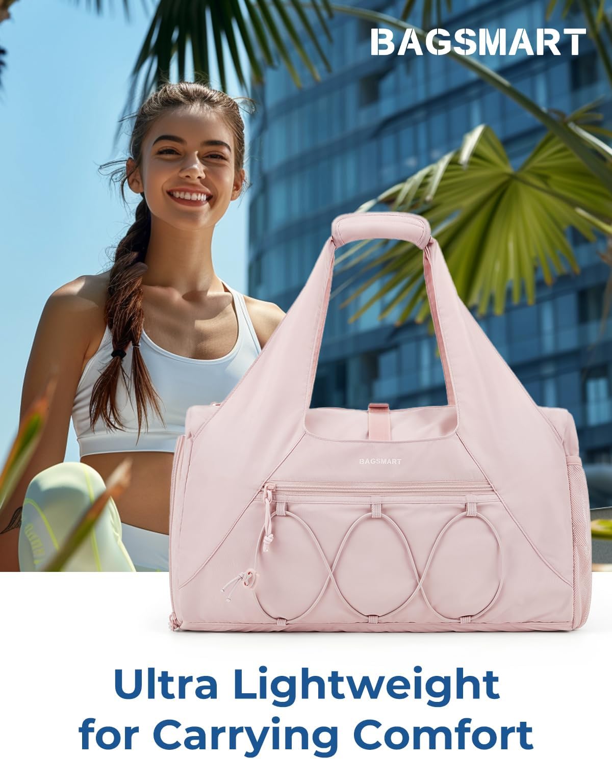 Gym Bag for Women, Lightweight Duffel with Shoe Compartment, Tote Bag with Wet Pocket for Yoga Travel, Pink