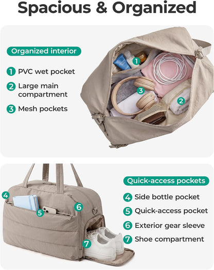 Gym Bag for Women, Lightweight Duffel with Shoe Compartment, Tote Bag with Wet Pocket for Yoga Travel, Pink