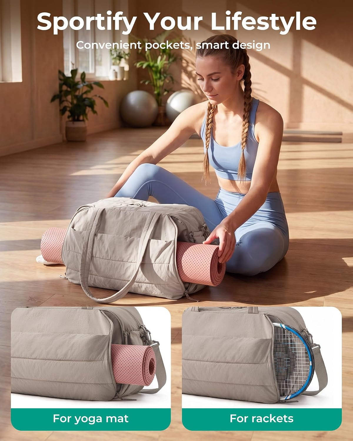 Gym Bag for Women, Lightweight Duffel with Shoe Compartment, Tote Bag with Wet Pocket for Yoga Travel, Pink