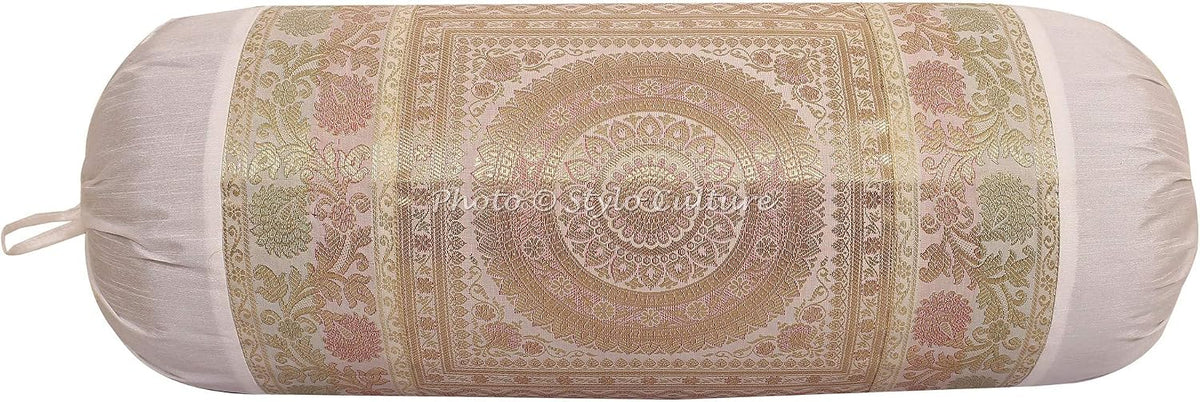 Ethnic Polydupion Cylindrical Yoga Bolster Pillow Cover White Jacquard Brocade Border Mandala Large Sofa Round Cylinder Cushion Cover (1 Pc) | 30x15 Inches (76x38 cm)