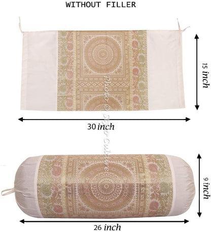 Ethnic Polydupion Cylindrical Yoga Bolster Pillow Cover White Jacquard Brocade Border Mandala Large Sofa Round Cylinder Cushion Cover (1 Pc) | 30x15 Inches (76x38 cm)