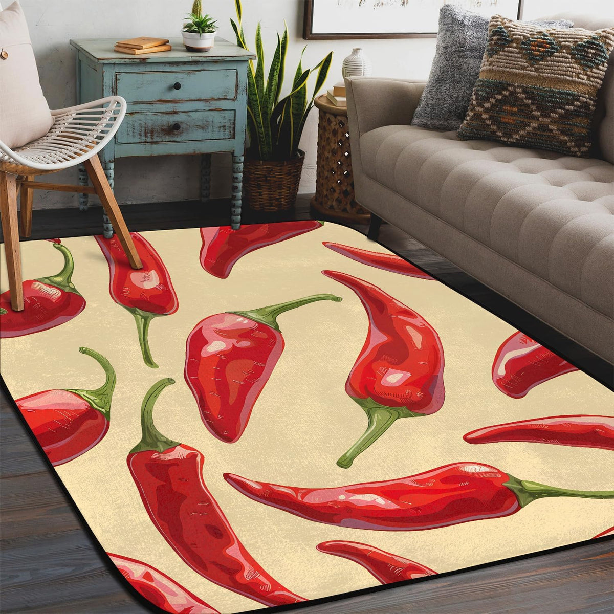 Red Hot Chili Pepper on Black Large Area Rug 4x6 Ft Washable Stain Resistant Rugs Non-Slip Soft Modern Carpet for Home Kitchen Living Room Office Party Decor