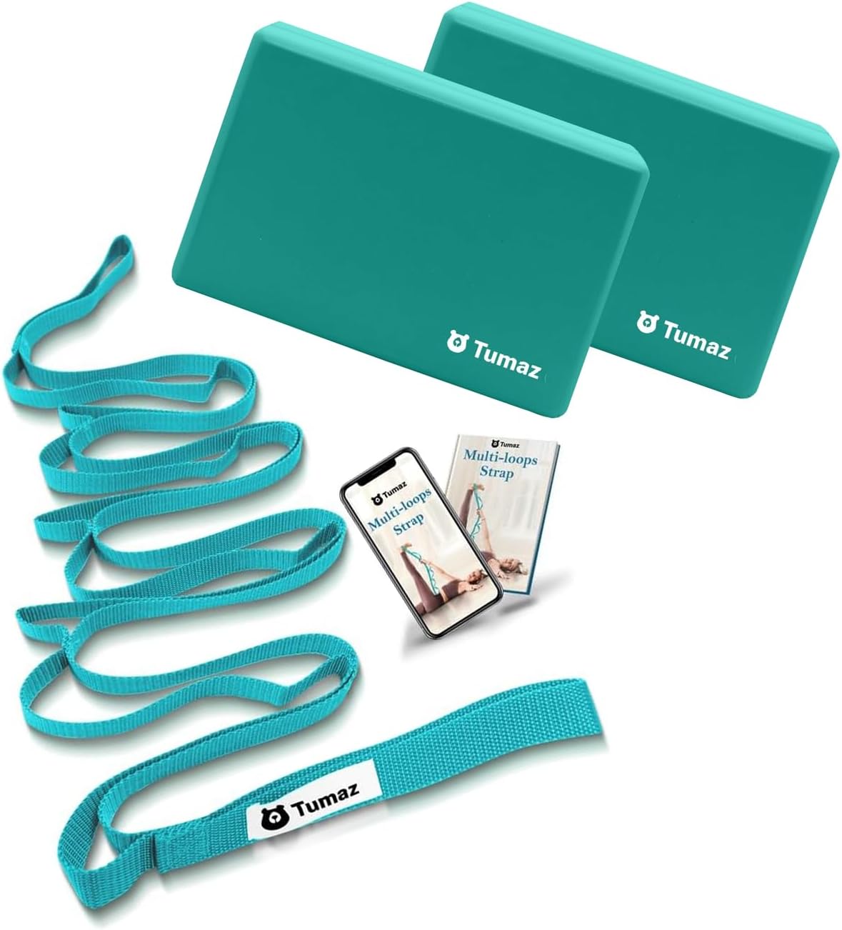 Yoga & Stretching Essentials Bundle: 10-Loop Non-Elastic Stretch Strap for Physical Therapy, Yoga, Pilates & 2-Pack High-Density EVA Foam/Cork Yoga Blocks with 8FT Strap Set and E-Book