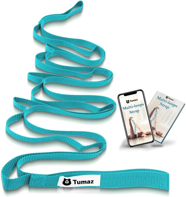 Yoga & Stretching Essentials Bundle: 10-Loop Non-Elastic Stretch Strap for Physical Therapy, Yoga, Pilates & 2-Pack High-Density EVA Foam/Cork Yoga Blocks with 8FT Strap Set and E-Book