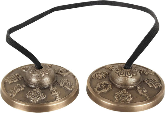 Tingsha Tibetan Style Meditation Bell Manjeera 2.1" 8 Lucky Symbols Embossed