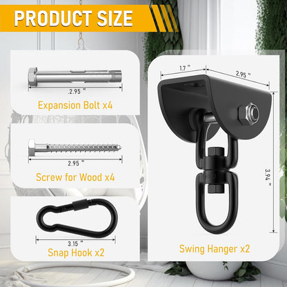 Hammock Hanging Kit, 1200 lb Capacity Heavy Duty Ceiling Hooks, 360° Swivel Swing Set Hanger for Hammock Chairs, Tree Swings, Yoga Swings, Heavy Bag Mount Supports Sandbag & Punching Bag
