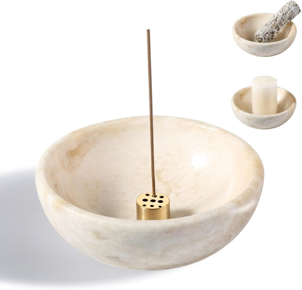 Natural Marble Incense Holder, Incense Holder for Sticks with 9 Holes, Handmade Incense Burner Ash Catcher for Meditation Yoga SPA, Balsam Fir/Palo Santo/Sage/Cone (RoyalBeige)