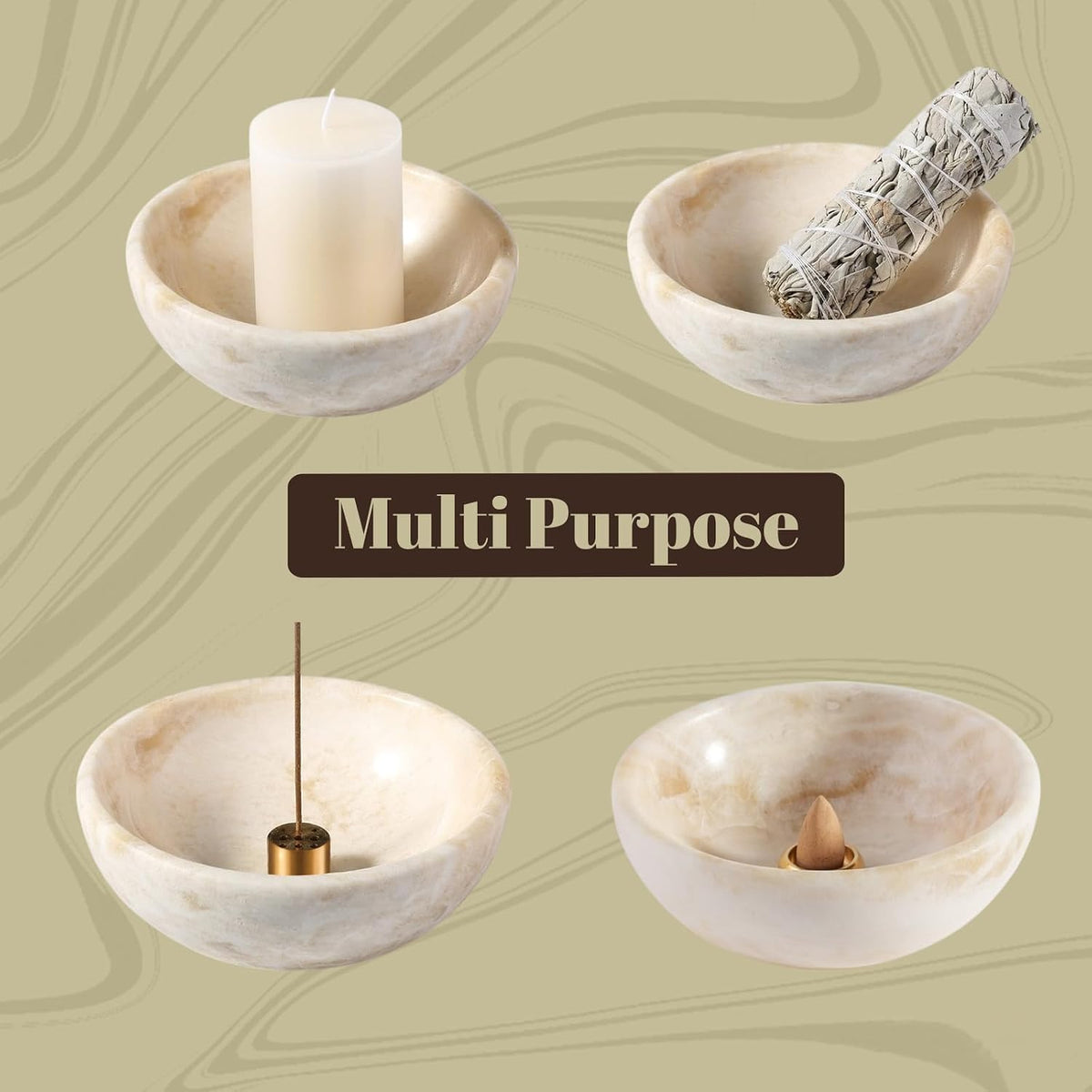 Natural Marble Incense Holder, Incense Holder for Sticks with 9 Holes, Handmade Incense Burner Ash Catcher for Meditation Yoga SPA, Balsam Fir/Palo Santo/Sage/Cone (RoyalBeige)