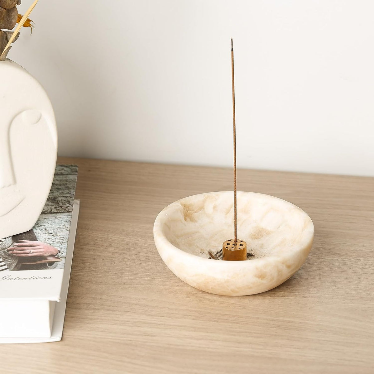 Natural Marble Incense Holder, Incense Holder for Sticks with 9 Holes, Handmade Incense Burner Ash Catcher for Meditation Yoga SPA, Balsam Fir/Palo Santo/Sage/Cone (RoyalBeige)